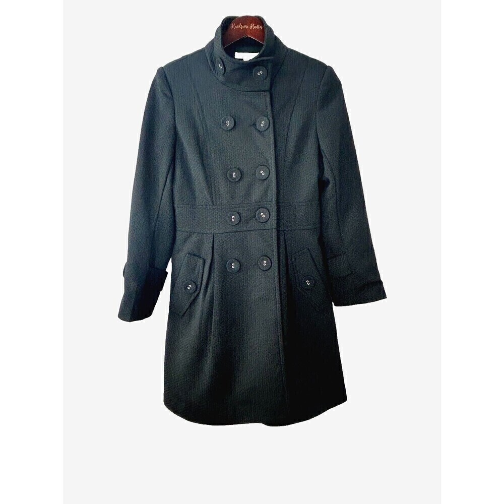 MJ Designer Paris Women Sz M Black Peacoat Lined Button Down Double Breasted U4